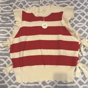 Oodie Boutique Short Ruffle Sleeve Sweater Large Side Bow Tie Ivory Red NWT